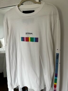 HOOD BY AIR ®️ White Long-Sleeve Veteran Graphic Shirt with Rainbow Stripe